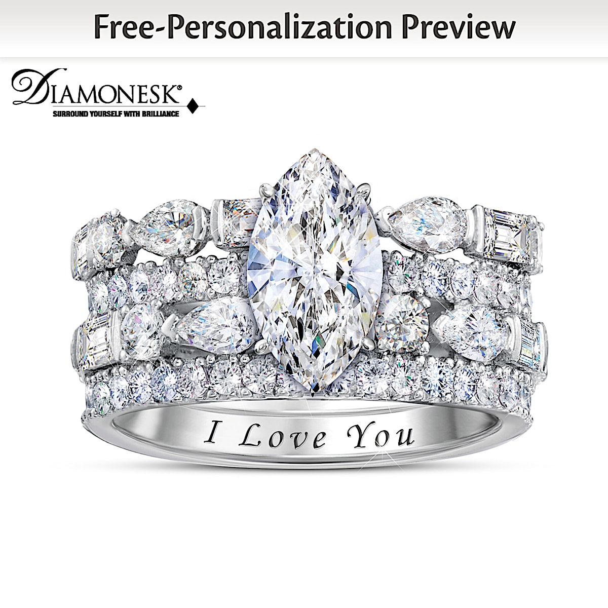 Facets Of Love Platinum Plated Stacking Ring Set Featuring 4 Bands With